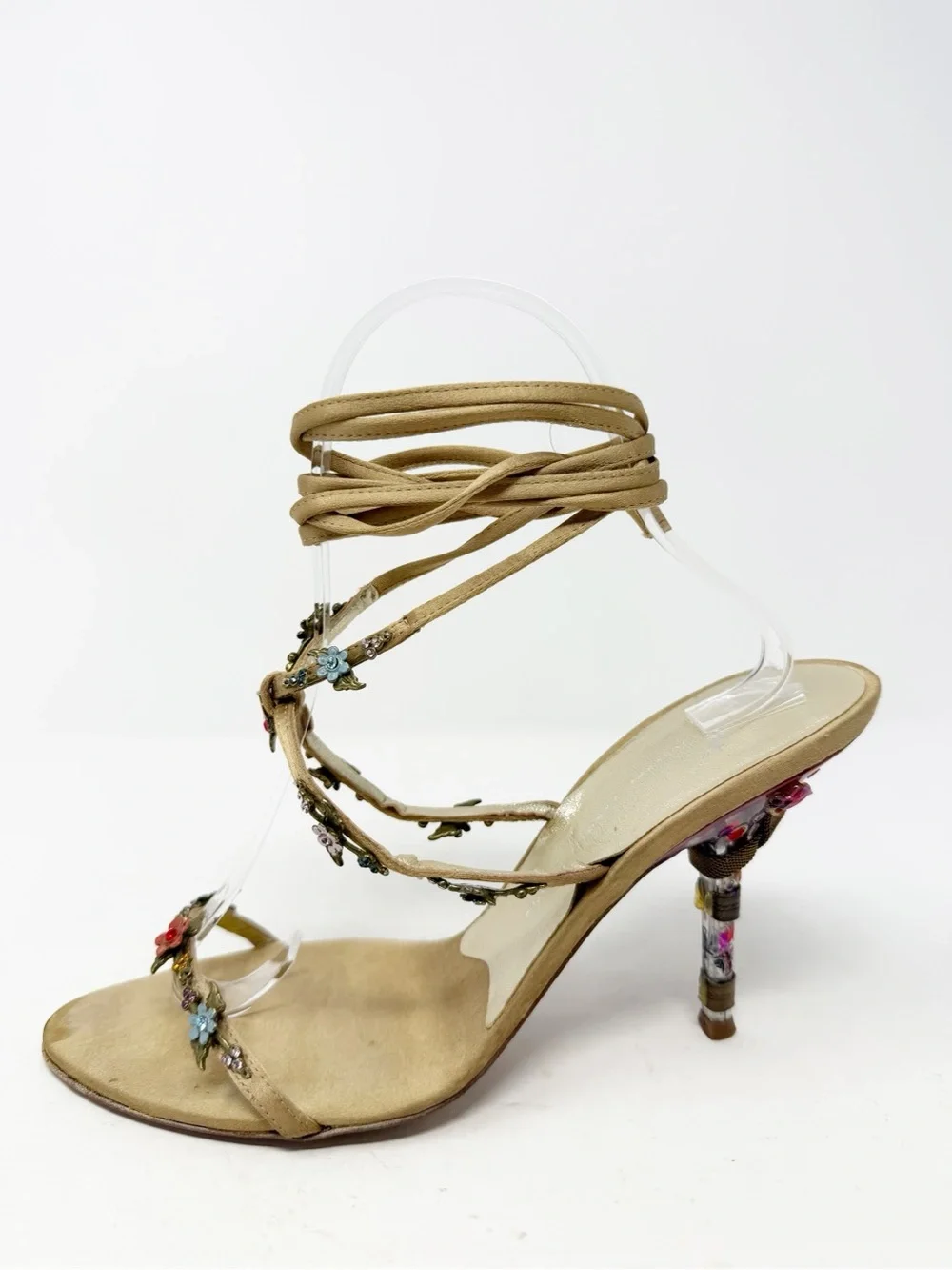 Giuseppe Zanotti Satin Floral Embellished Wrap Sandal Heels Womens Size 7.5 - Picture 9 of 11